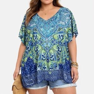 Live and Let Live Woman Blue Green Paisley Boho Smocked Blouse Rhinestone 2X